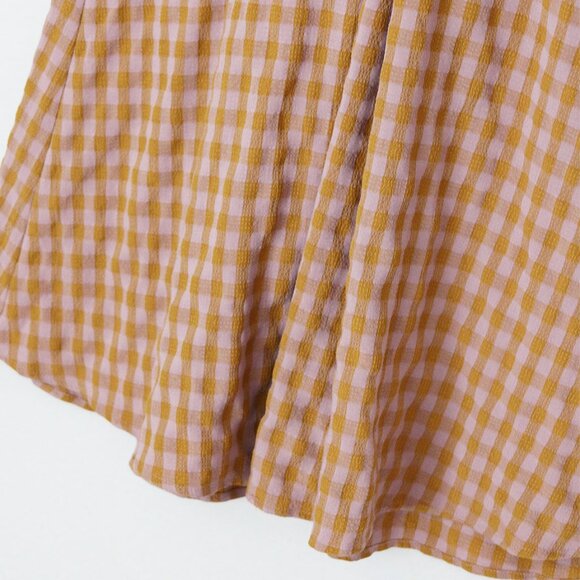 Reminiscence Gingham Plaid Seersucker Puff Short Sleeves Flared Dress Mini Tan - Picture 11 of 13